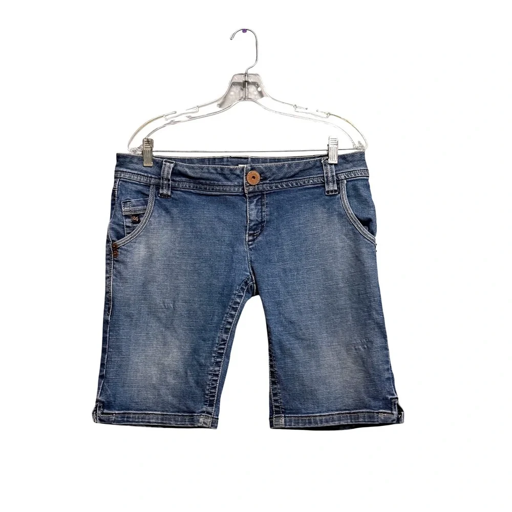 DKNY Jeans Womens Blue Denim Bermuda Shorts‎ Low Rise Medium Wash Embroidered 12